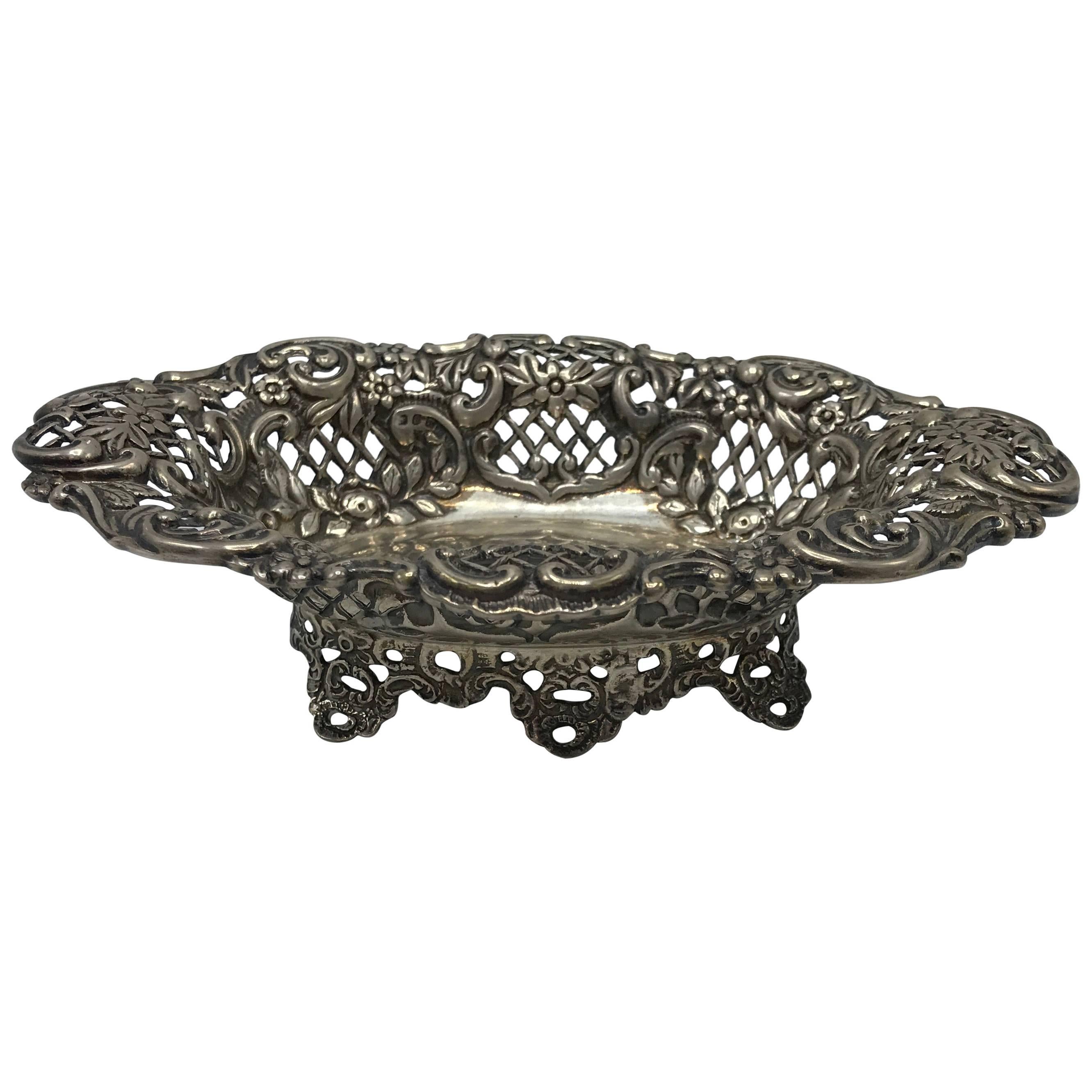 19th Century English Sterling Silver Pierced Dish For Sale