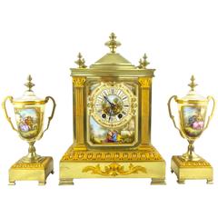 Antique 19th Century French Gilt Brass and Paris Porcelain Mantle Clock Set
