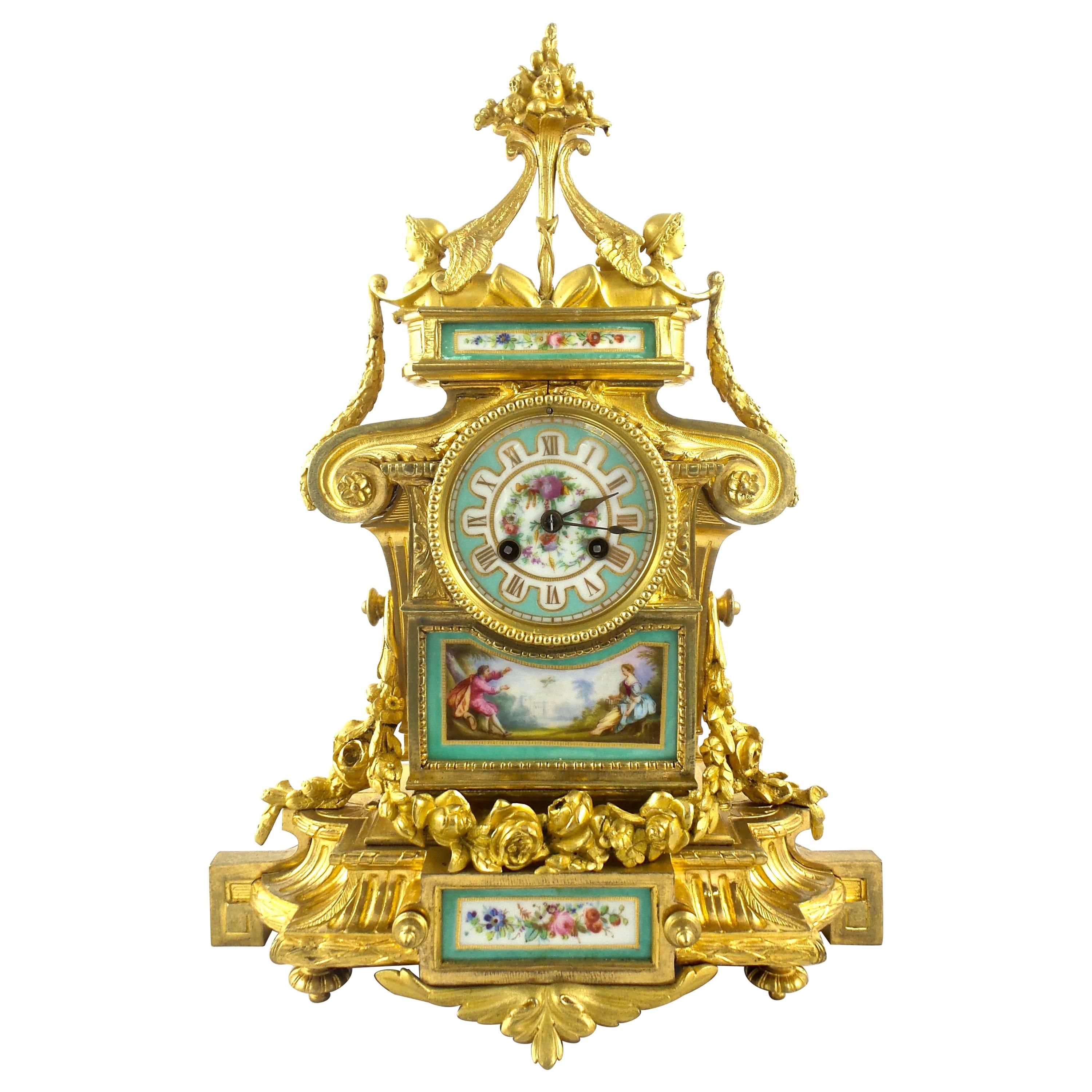 French 19th Century Gilt Ormolu Bronze and Aqua Sevres Porcelain Mantle Clock For Sale