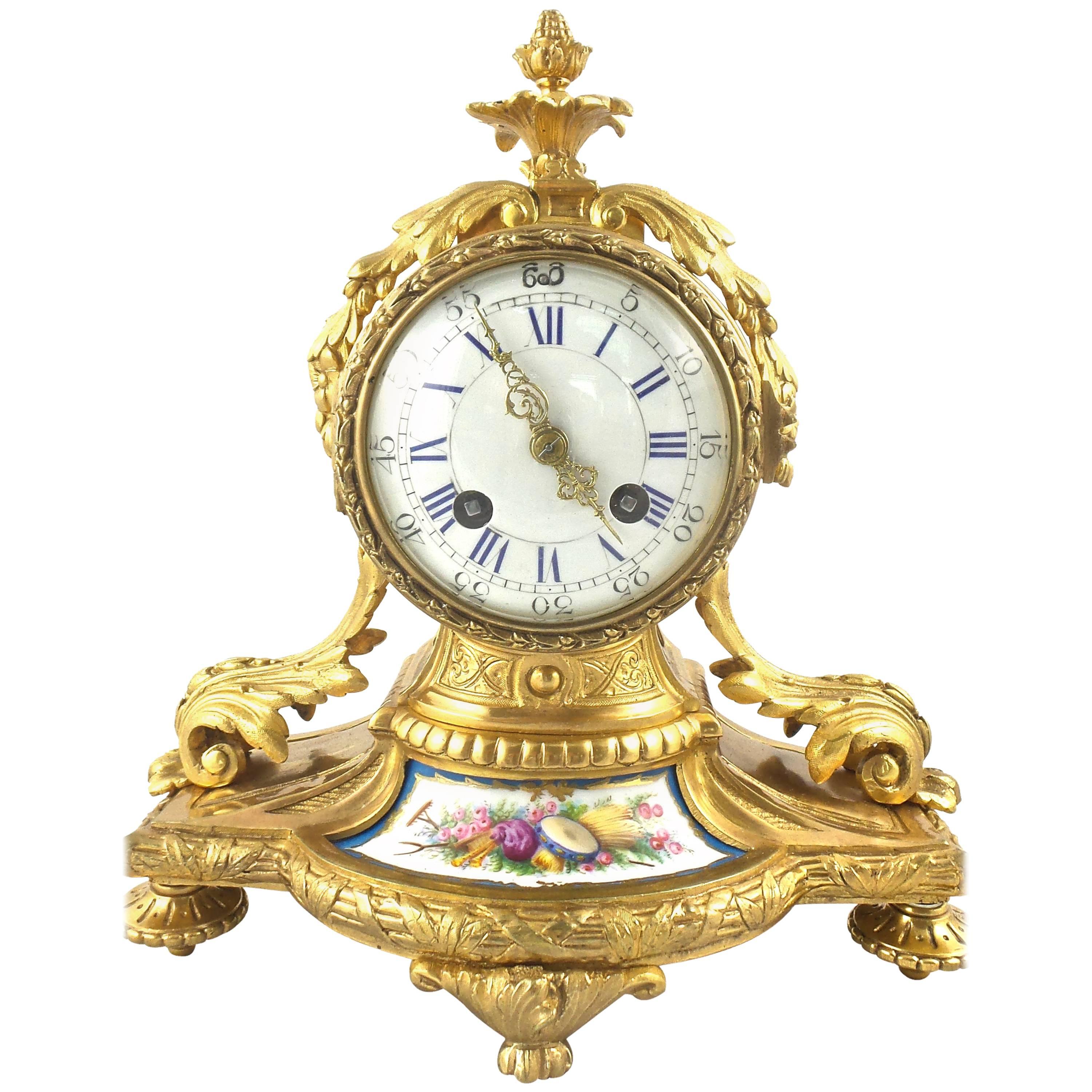1855 French Gilt Ormolu Bronze and Sevres Porcelain Mantle Clock by Vincenti