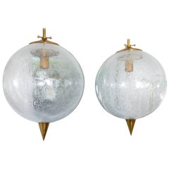 Spherical Clear Glass Pendant with Inclusive Air Bubbles and Brass Details