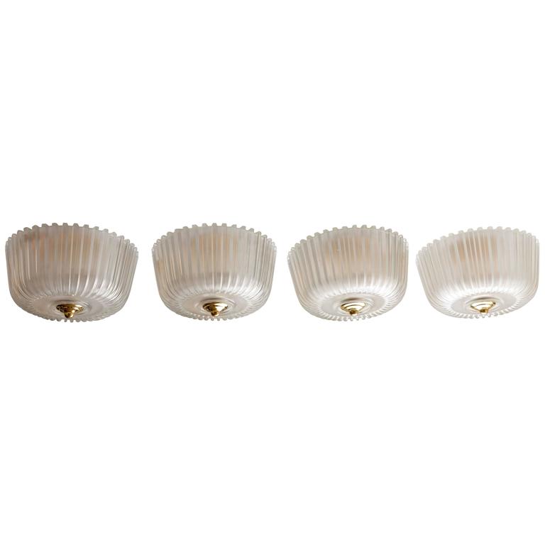 Fluted Frosted Glass Flush Mount Ceiling Fixture with Brass Detail For