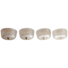 Fluted Frosted Glass Flush Mount Ceiling Fixture with Brass Detail