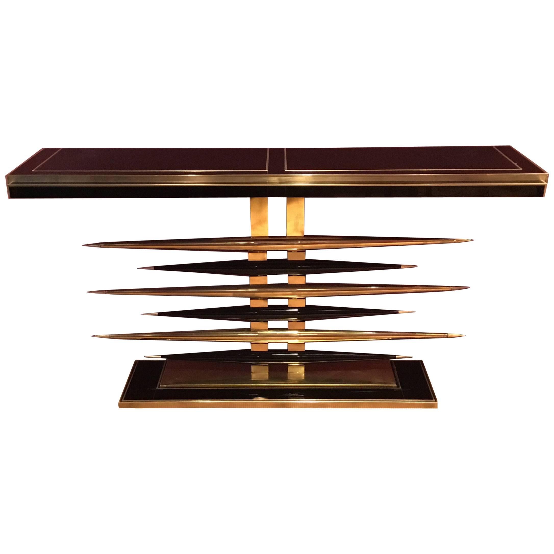 Consolle italiana, made in Italy, pieza moderna, cristal y latón en venta