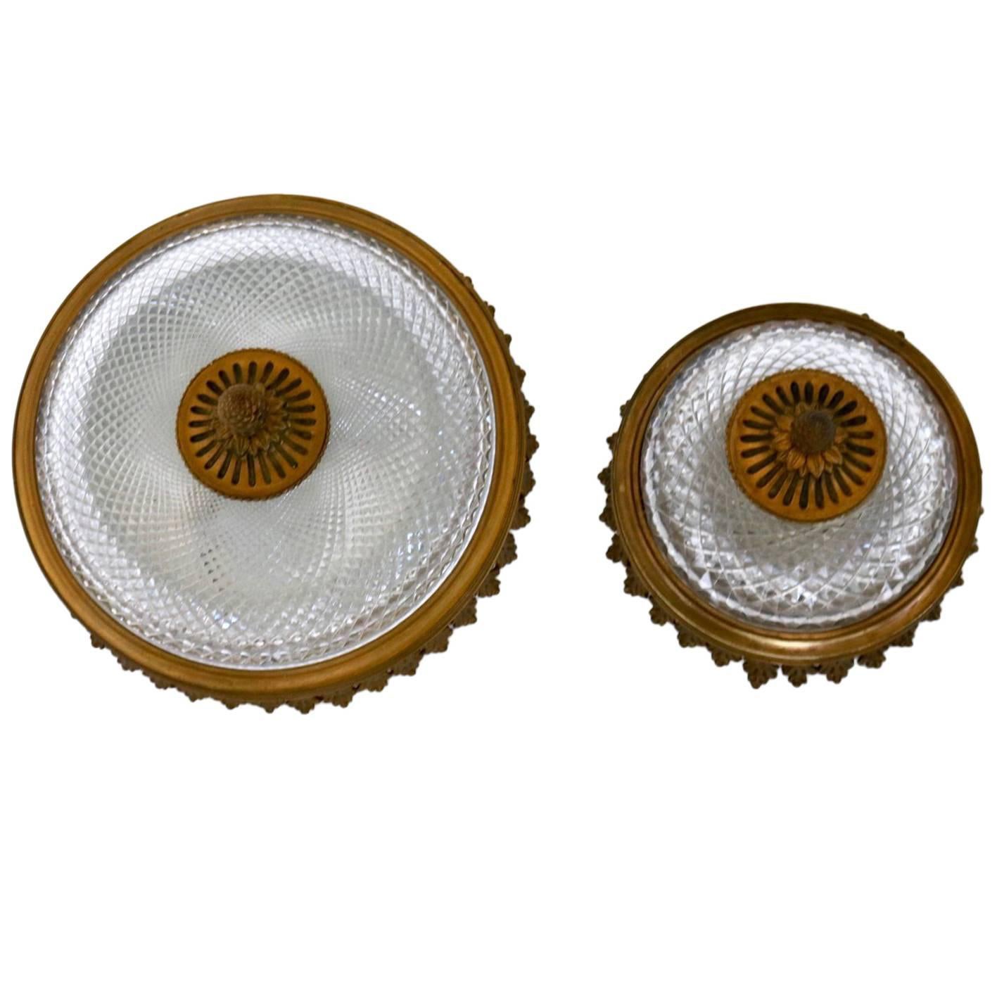 Pair of Vintage Round Carved Glass and Cast Brass Wall Lights, Italy