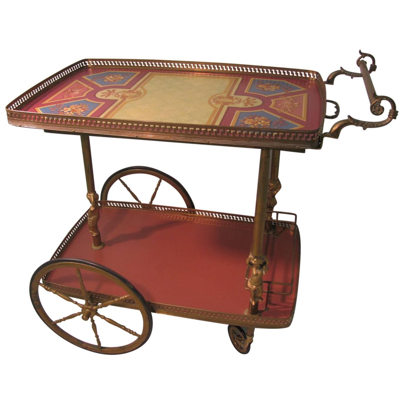 Mid-Century Figural Brass with Hand-Painted Tray Bar Tea Cart