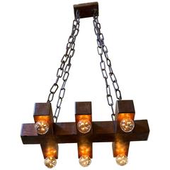 Handmade Wooden Geometric Light with Six Sockets from Belgium, circa 1940