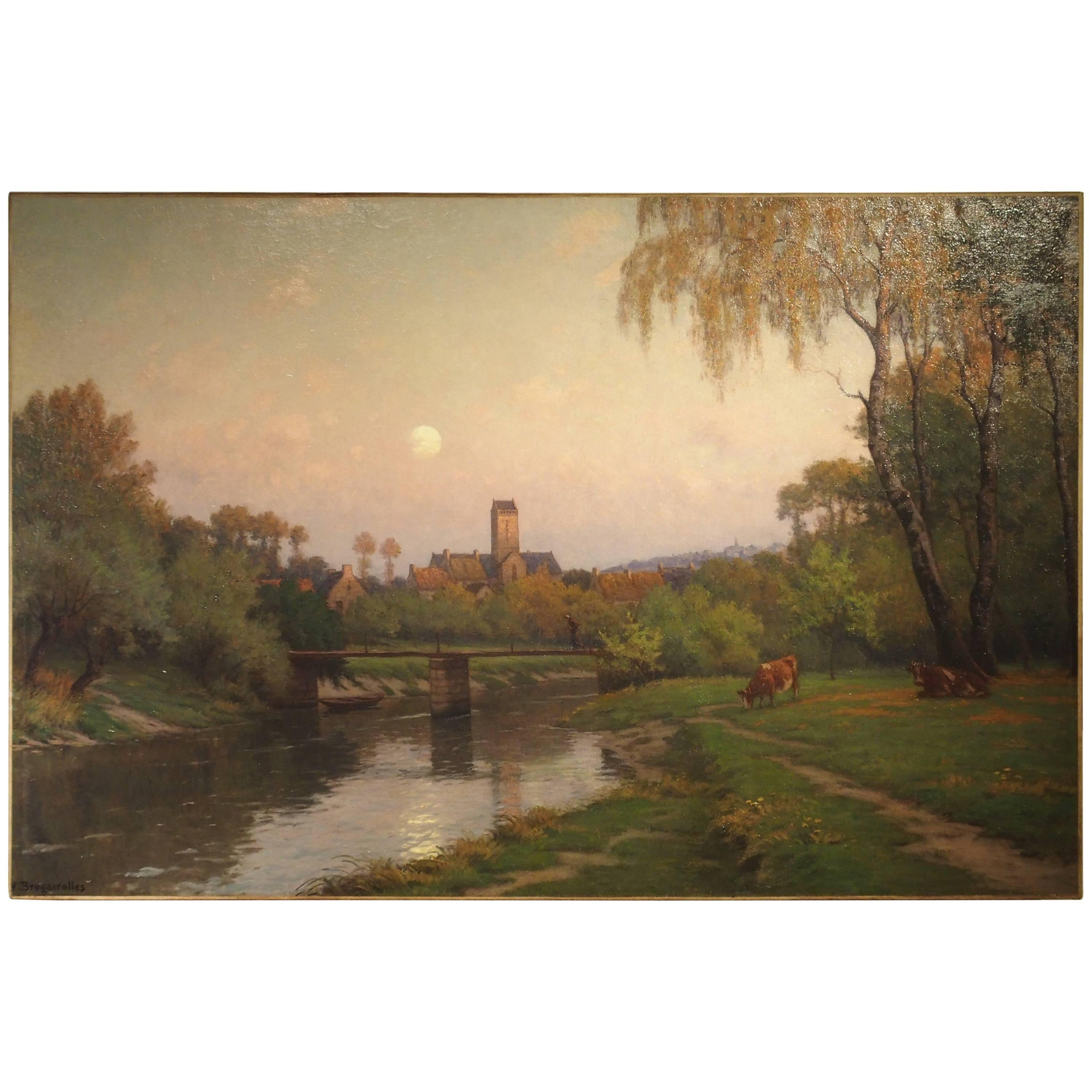 Antique French Landscape Painting of a River Crossing a Village, 80 inches Wide