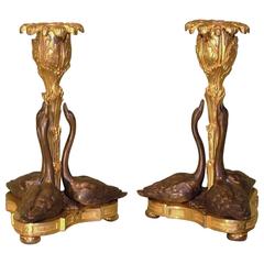 Pair of Mid-19th Century Bronze and Ormolu Candlesticks with Swans 9