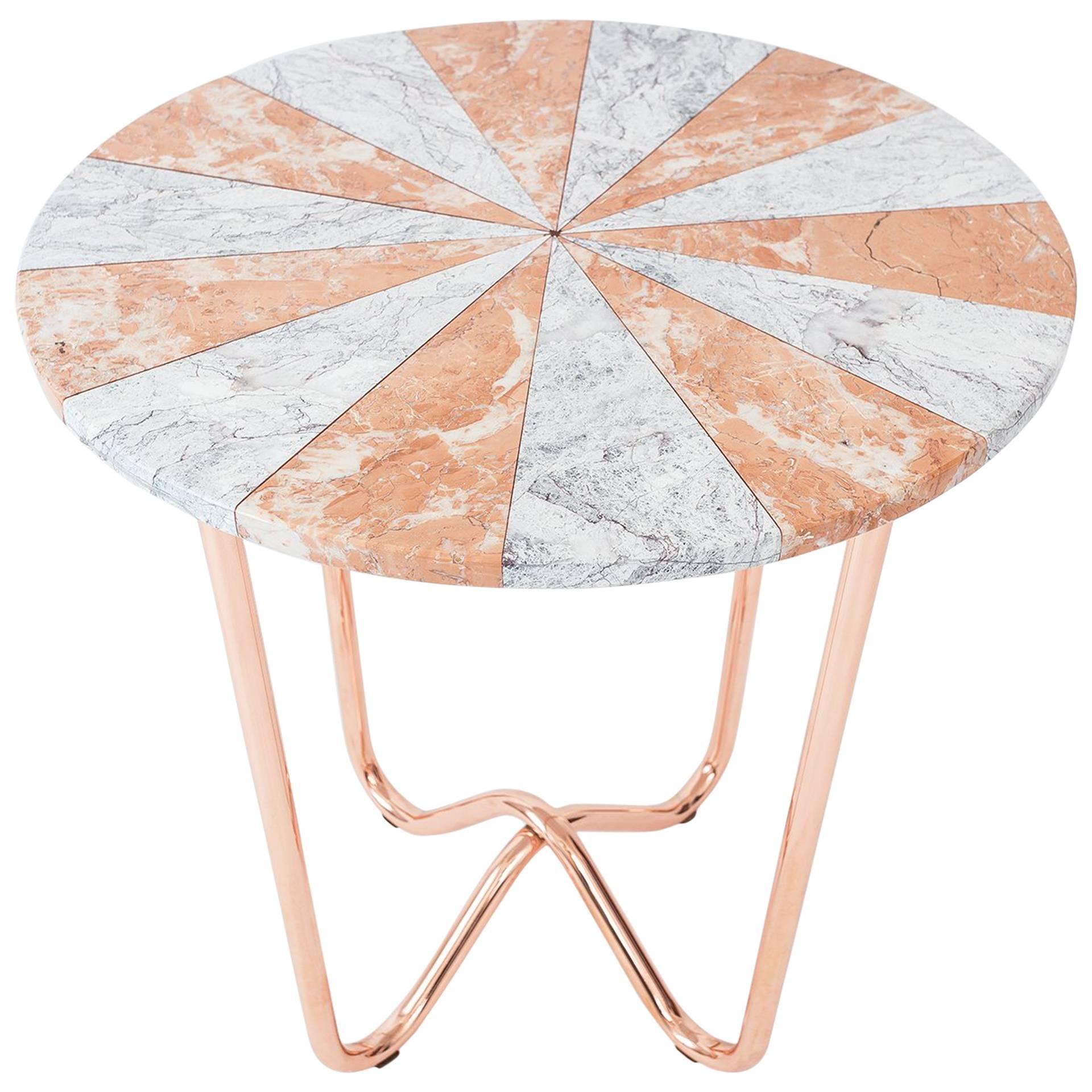 Jasmine Pizza Side Table in Diana rose and dream grey marble and copper legs. For Sale