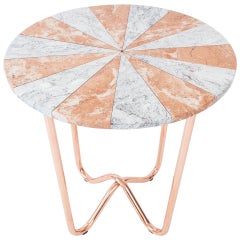 Jasmine Pizza Side Table in Diana rose and dream grey marble and copper legs.