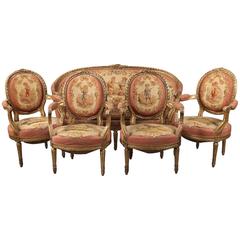 Beautiful Late 19th Century Five-Piece Carved Giltwood Aubusson Parlor Set 8
