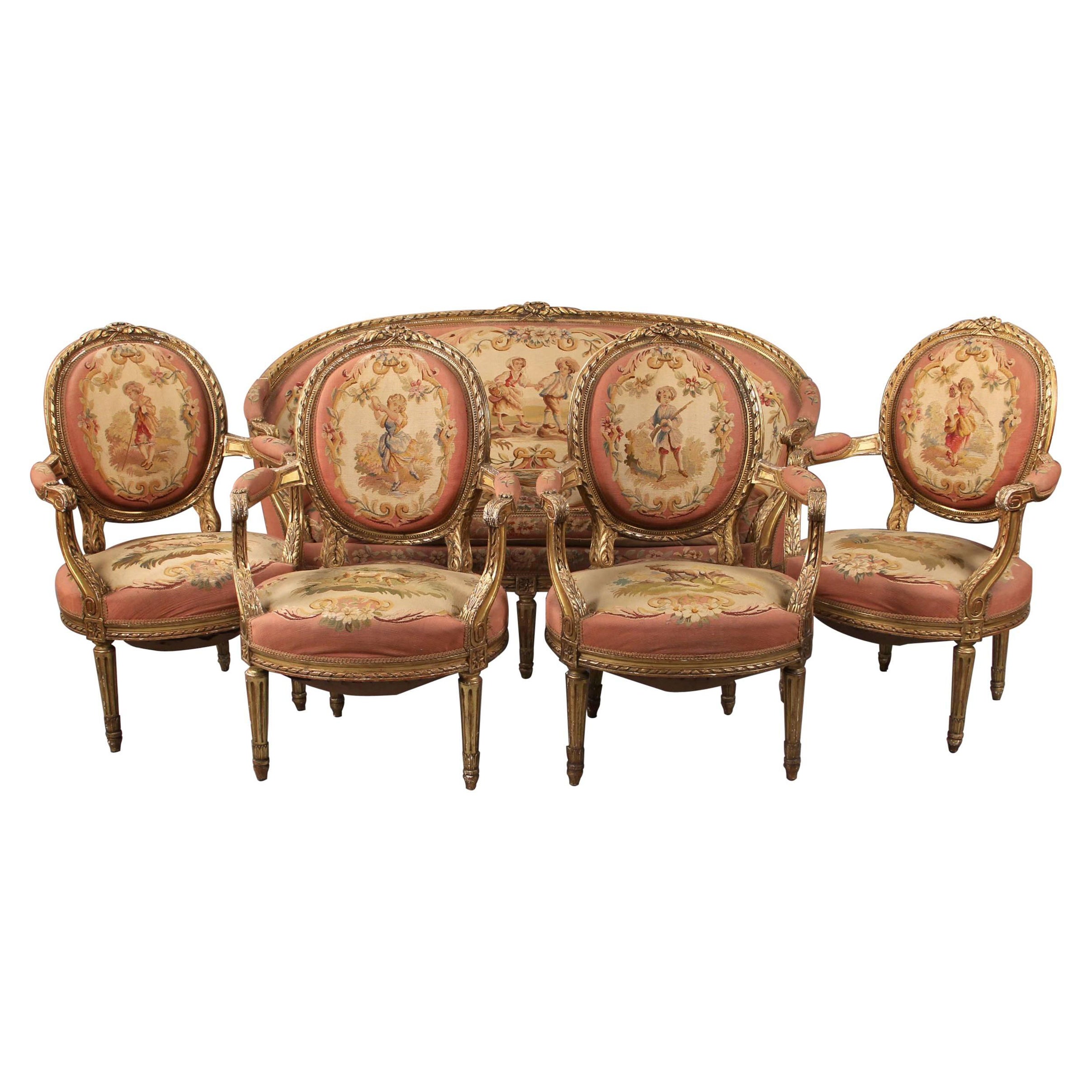Beautiful Late 19th Century Five-Piece Carved Giltwood Aubusson Parlor Set For Sale