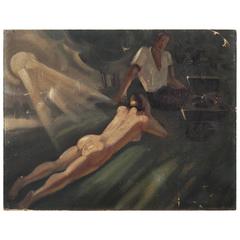 Antique Industrial Era Painting with Reclining Nude, Unframed