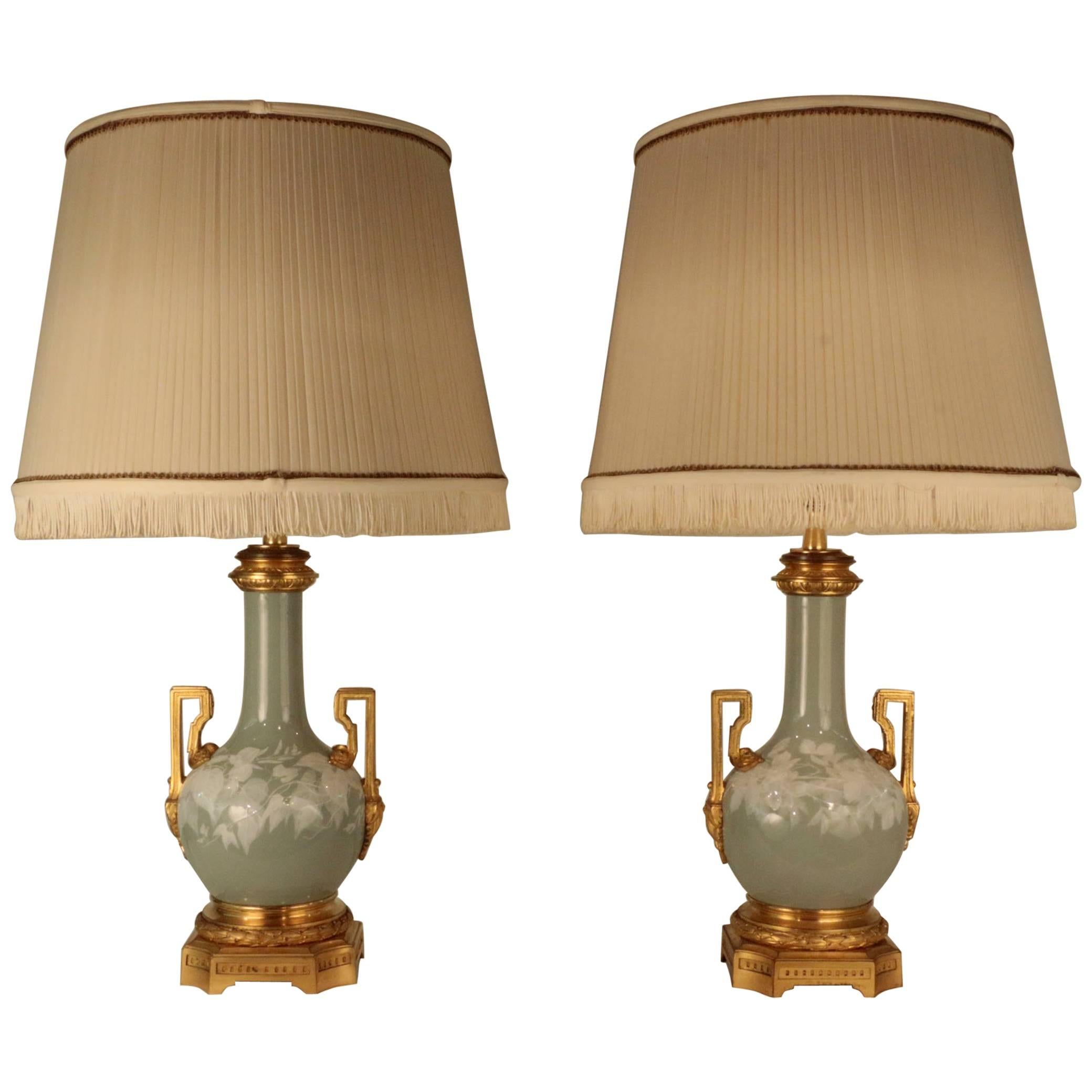 Pair of Antique French Pate Sur Pate Celadon Porcelain Lamps