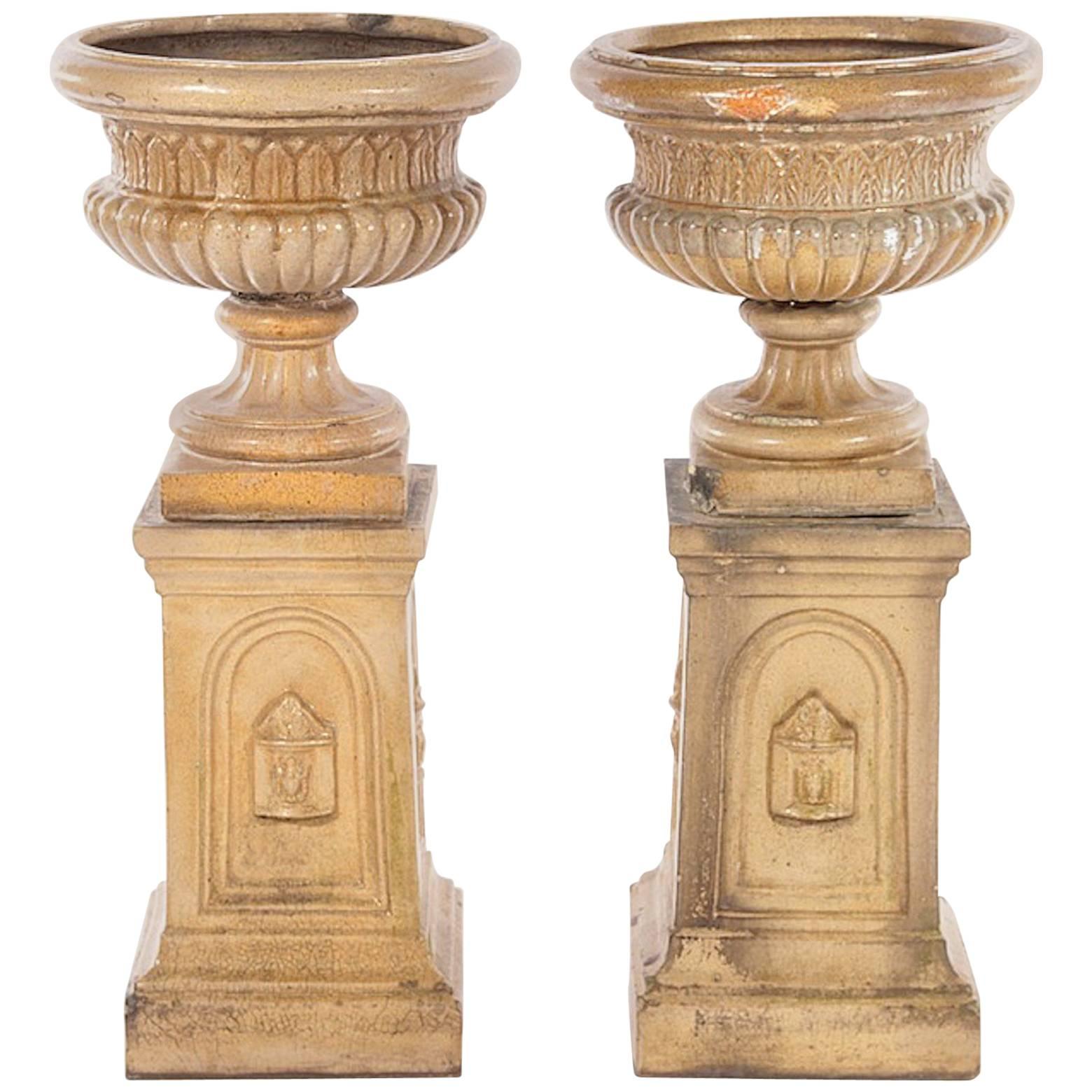Pair of 19th Century Glazed Terracotta Garden Urns For Sale
