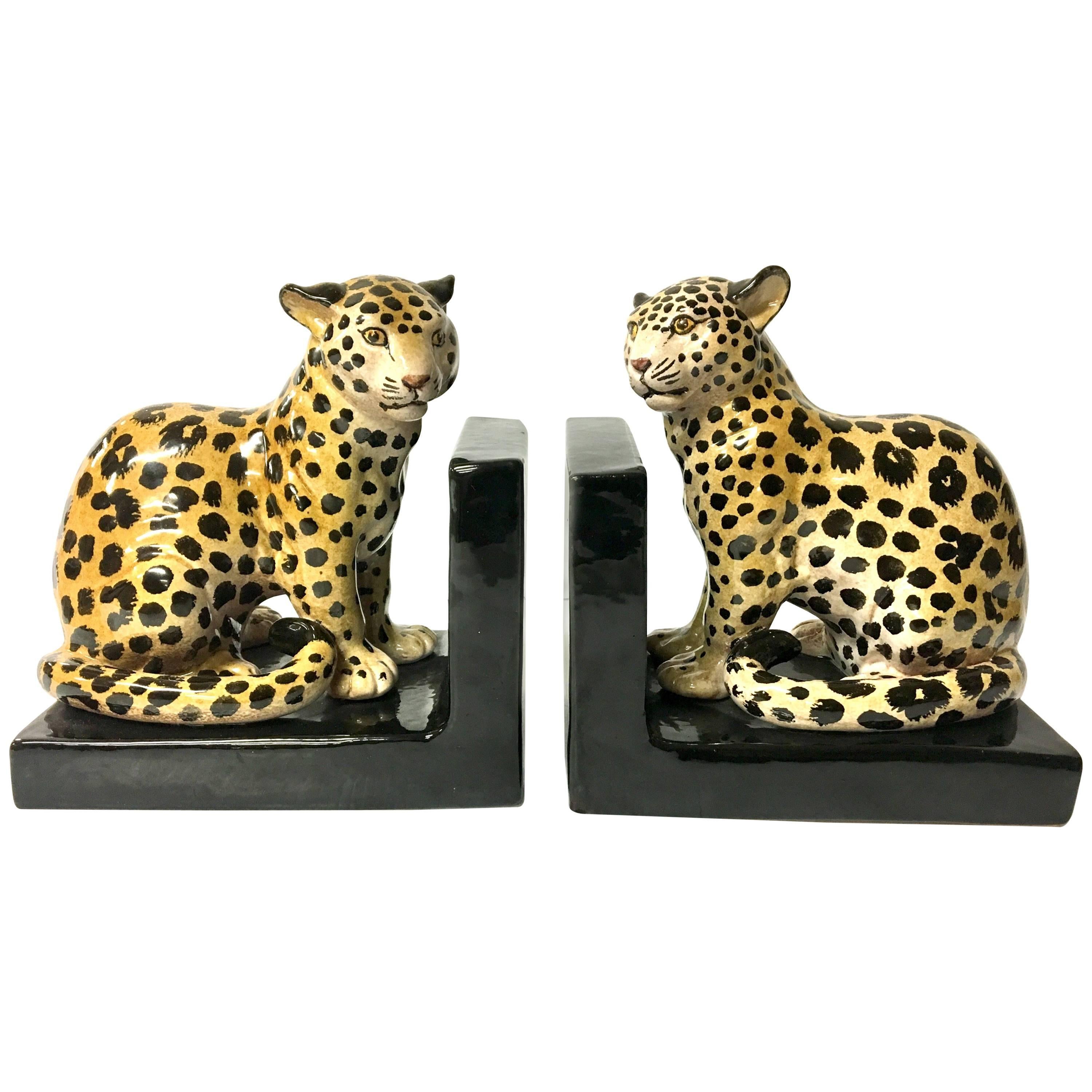 Pair of Italian Bookends with Leopards in Ceramic