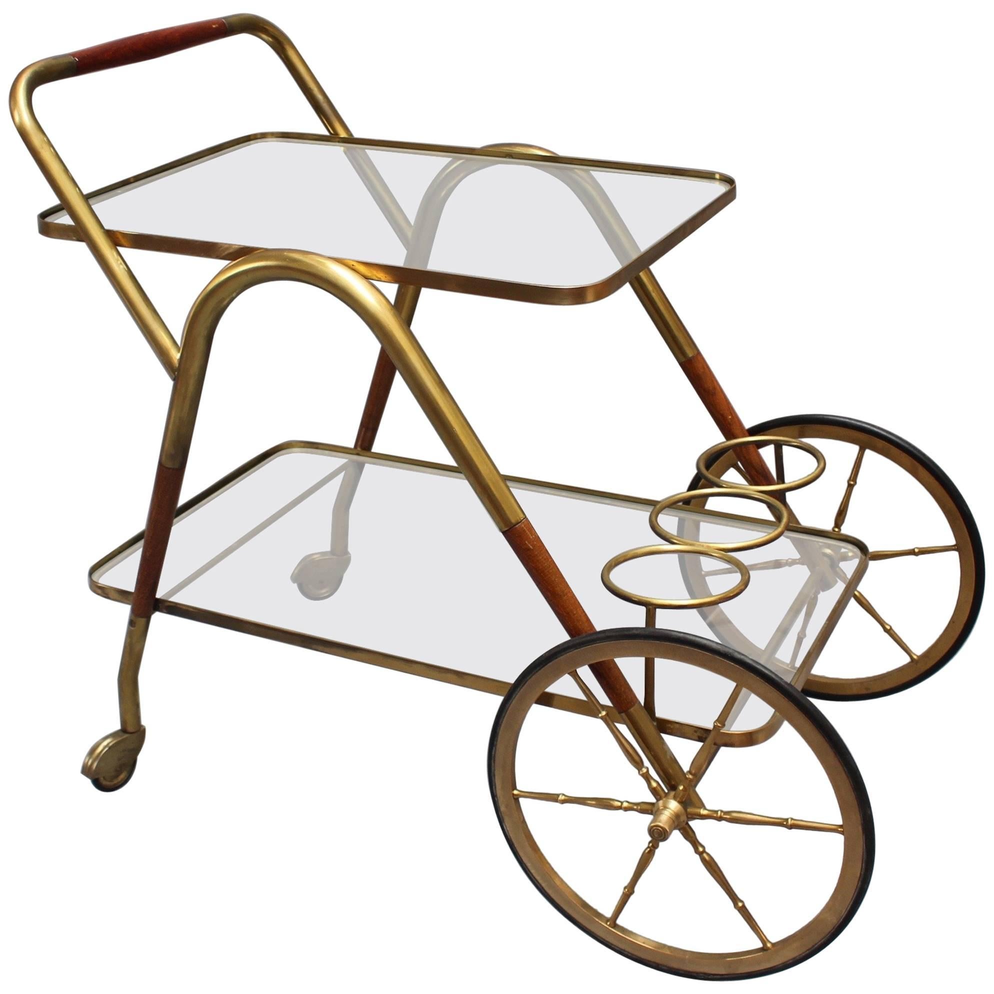 Brass Serving Trolley with Wood Trim by Cesare Lacca, circa 1950s
