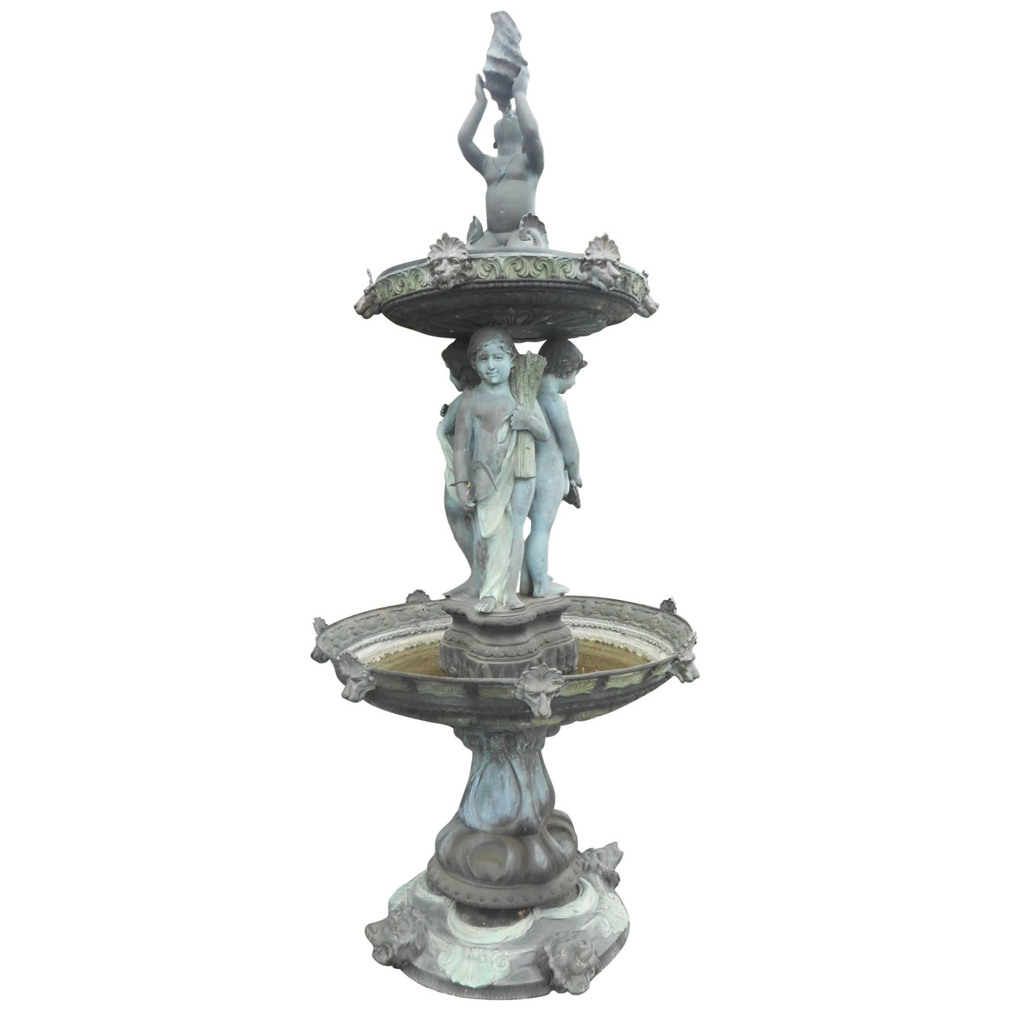 Large Bronze Fountain with Cherubs and Two Reservoirs