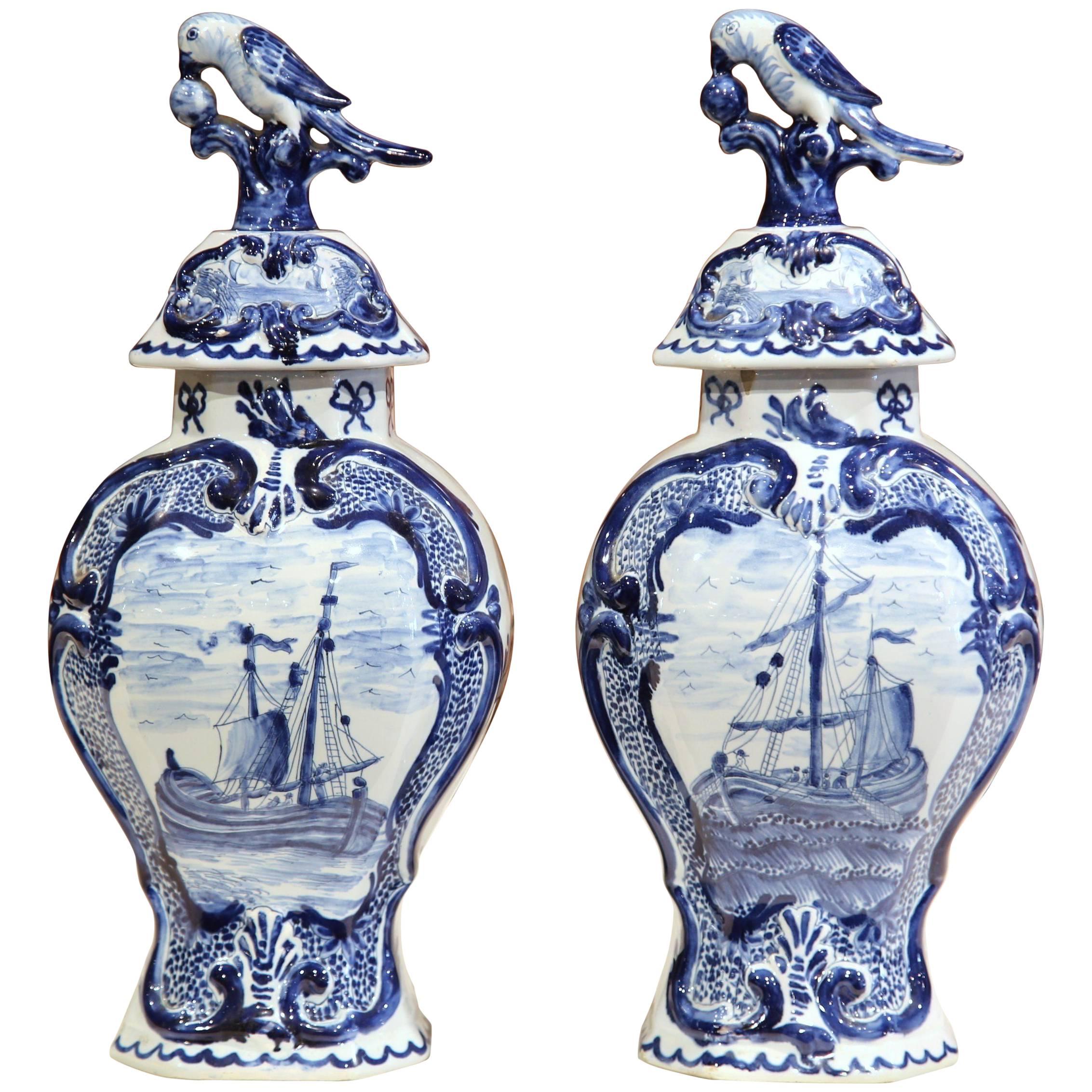 Pair of Early 20th Century Blue and White Porcelain Delft Vases with Lids
