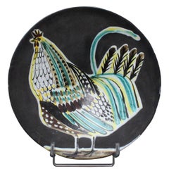 Midcentury Black Ceramic Coq Plate by Roger Capron Vallauris, 1950s