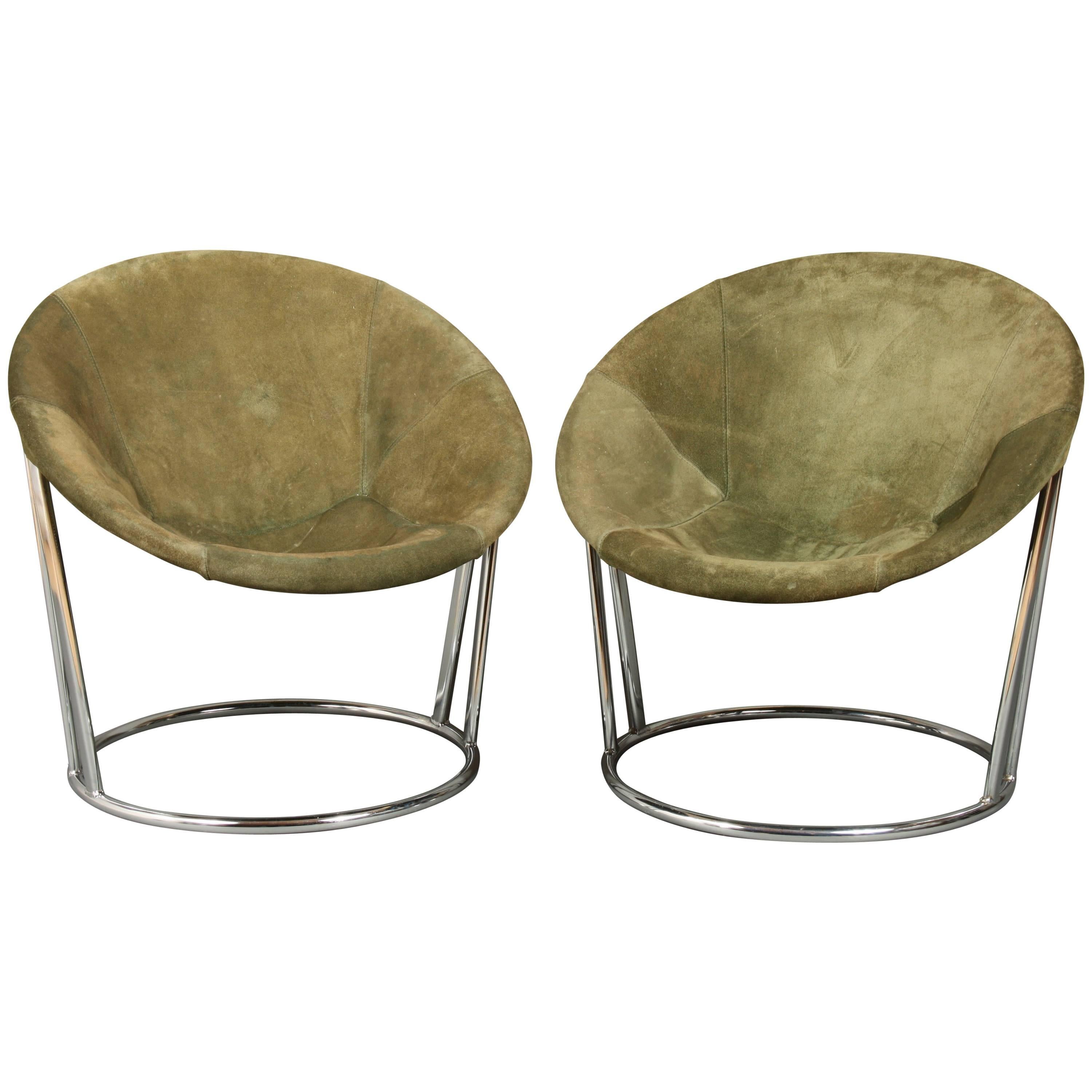 Circle Chairs, Chrome and Green Suede For Sale