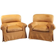 Custom Pair of Tan Leather Club Chairs, 1980s 12