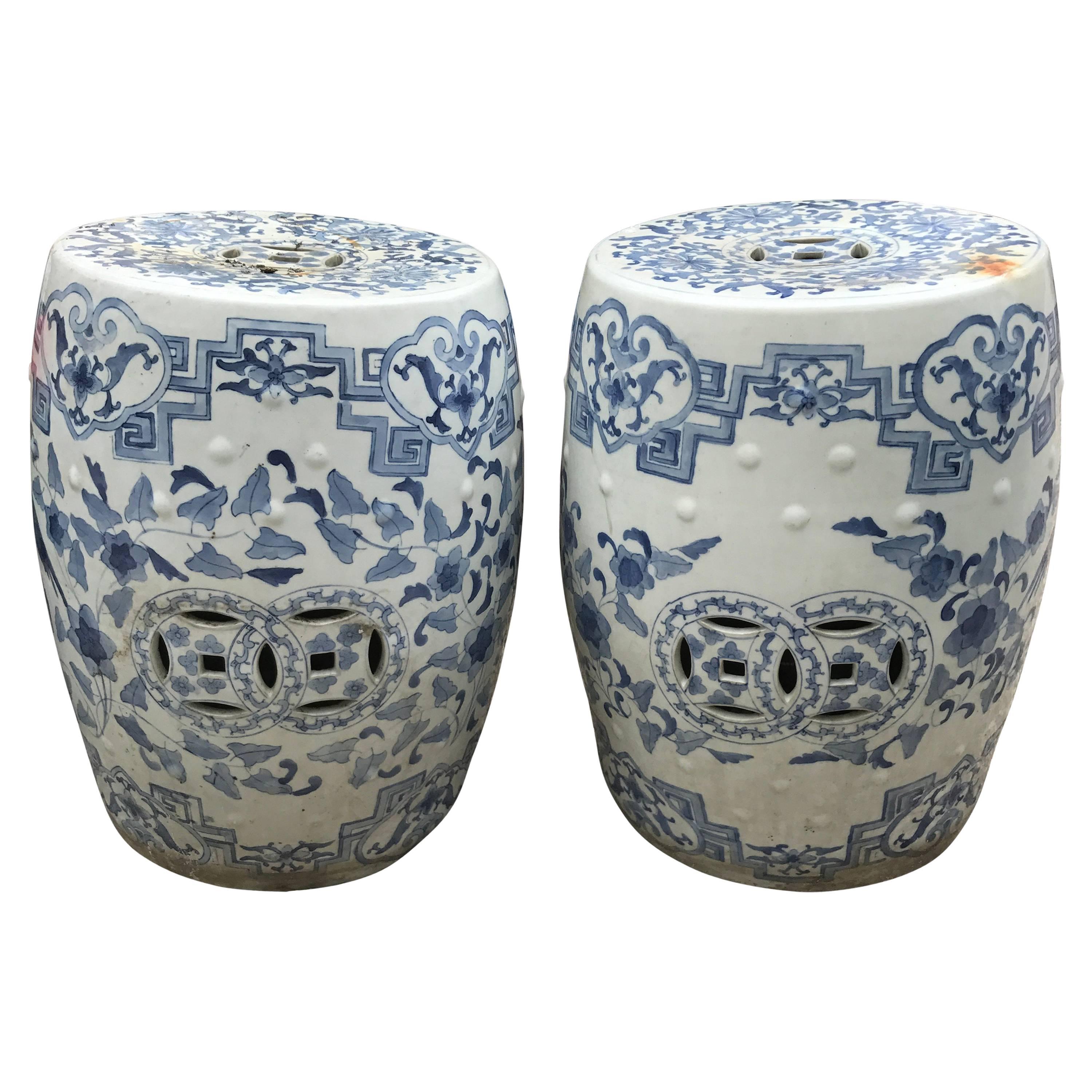 Chinese Antique Pair of Hand-Painted Blue and White Garden Stools Seats