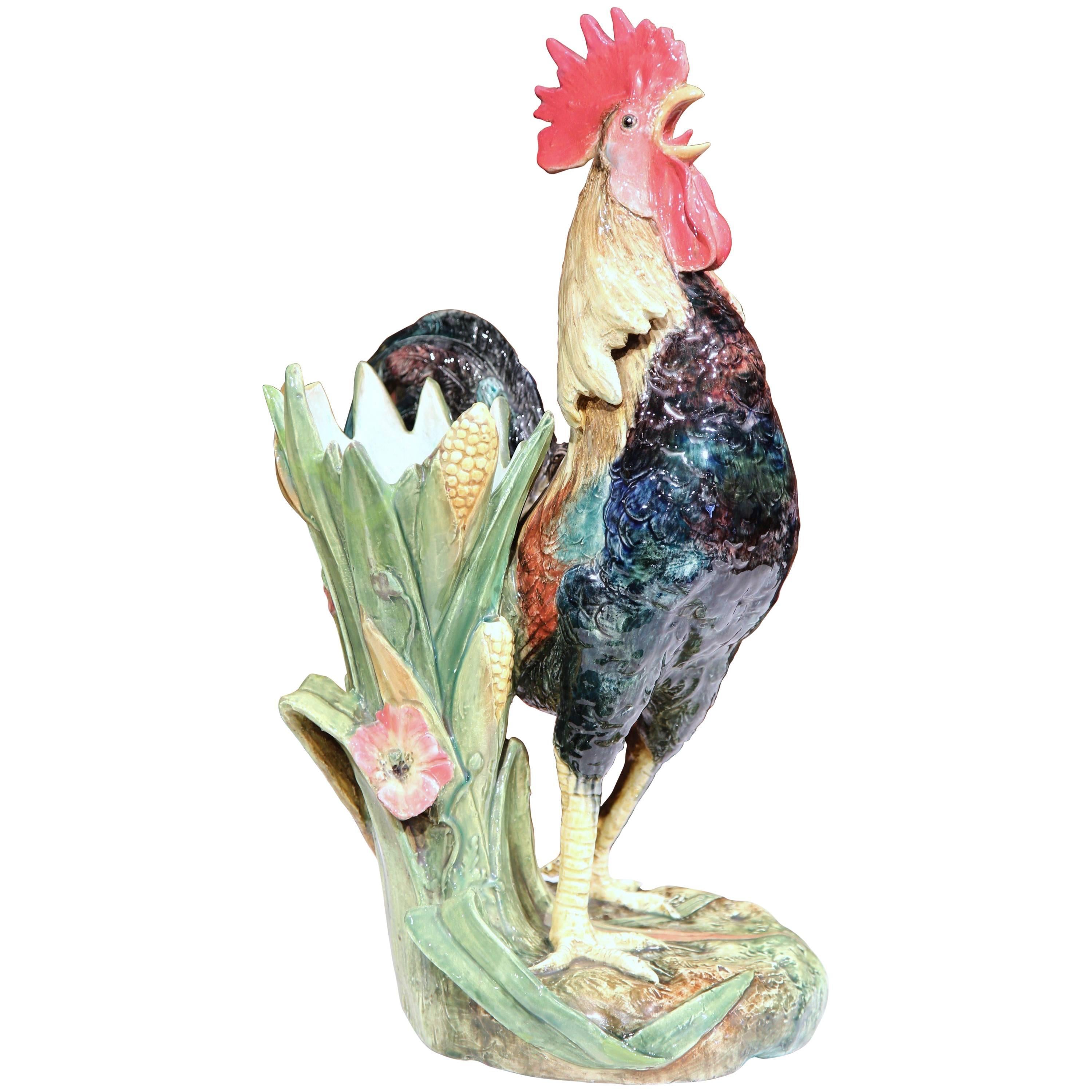 Large 19th Century French Painted Barbotine Rooster Vase Signed Delphin Massier