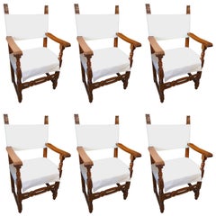 19th Century Italian Tuscan Farmhouse Set of Six Walnut Armchairs Ca 1860