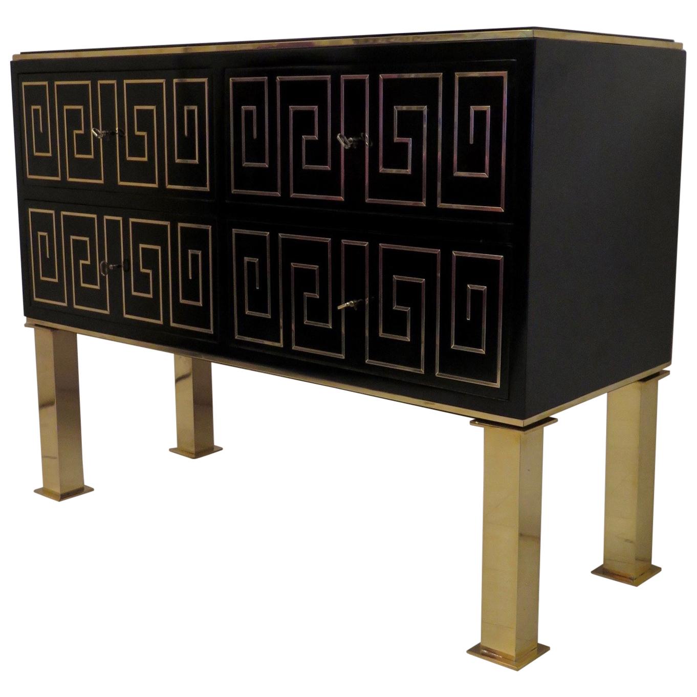 1950 Black Lacquered and Brass Inlays Italian Midcentury Chest of Drawers