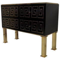 1950 Black Lacquered and Brass Inlays Italian Midcentury Chest of Drawers