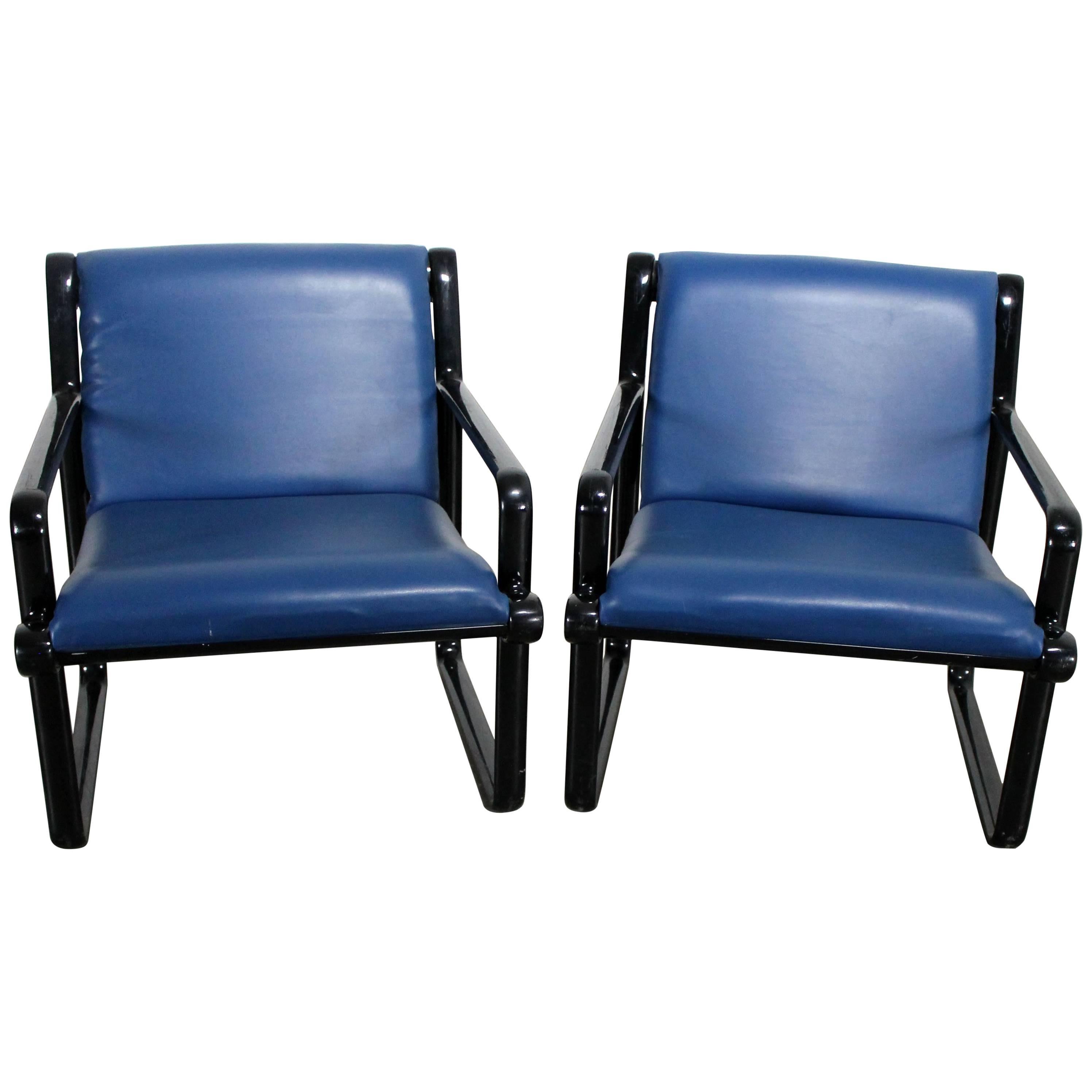 Pair of Hannah Morrison for Knoll Sling Armchairs in Black and Blue For Sale