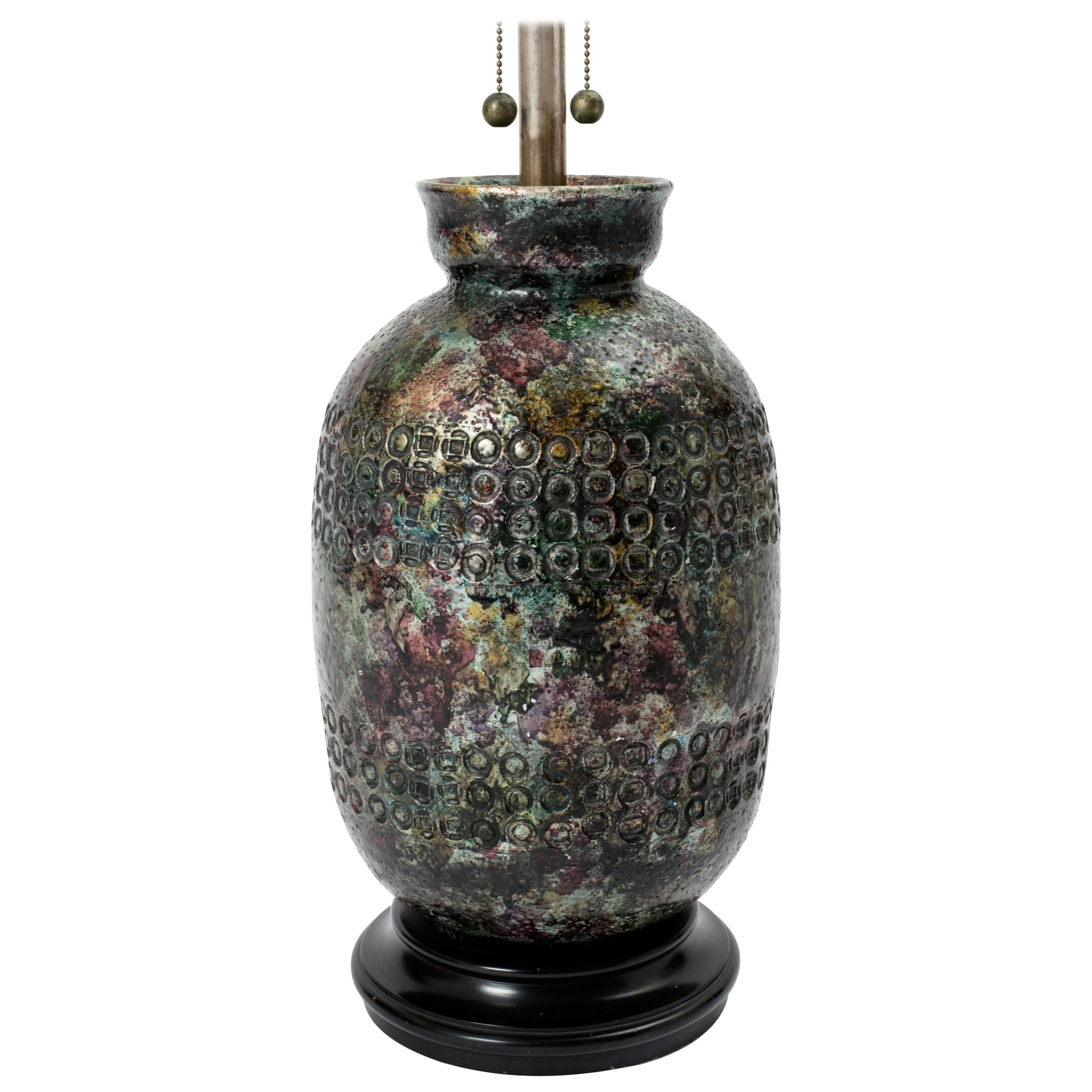 Aldo Londi Monumental 1950s Italian Metallic Jewell Glaze Ceramic Lamp in vendita