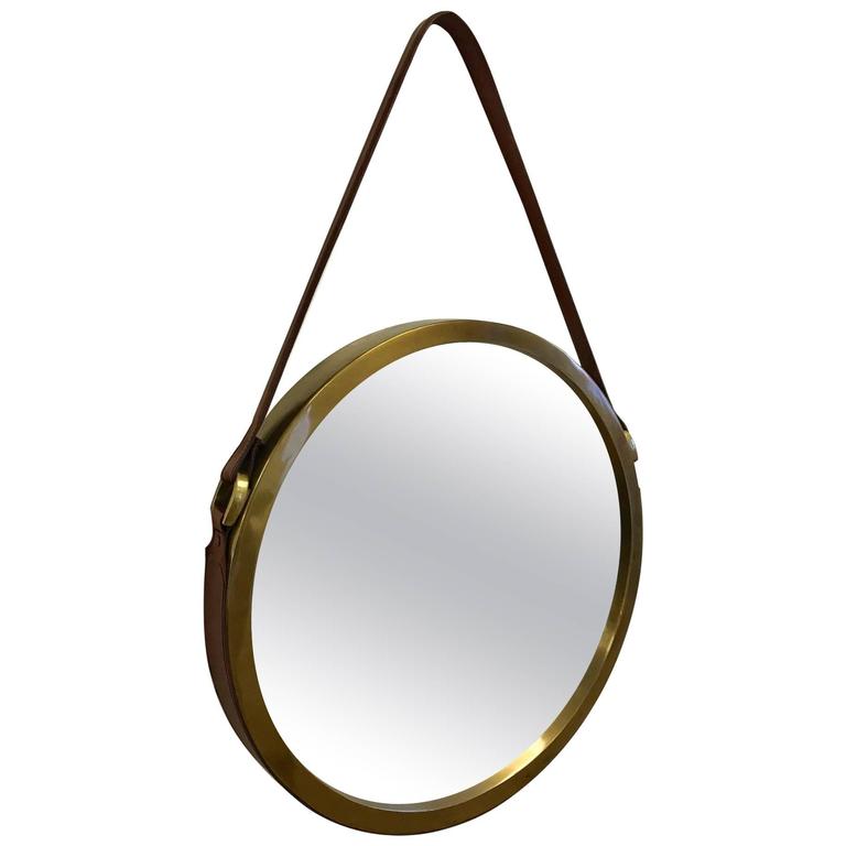 Brass And Leather Strap Mirror Style Of Jacques Adnet
