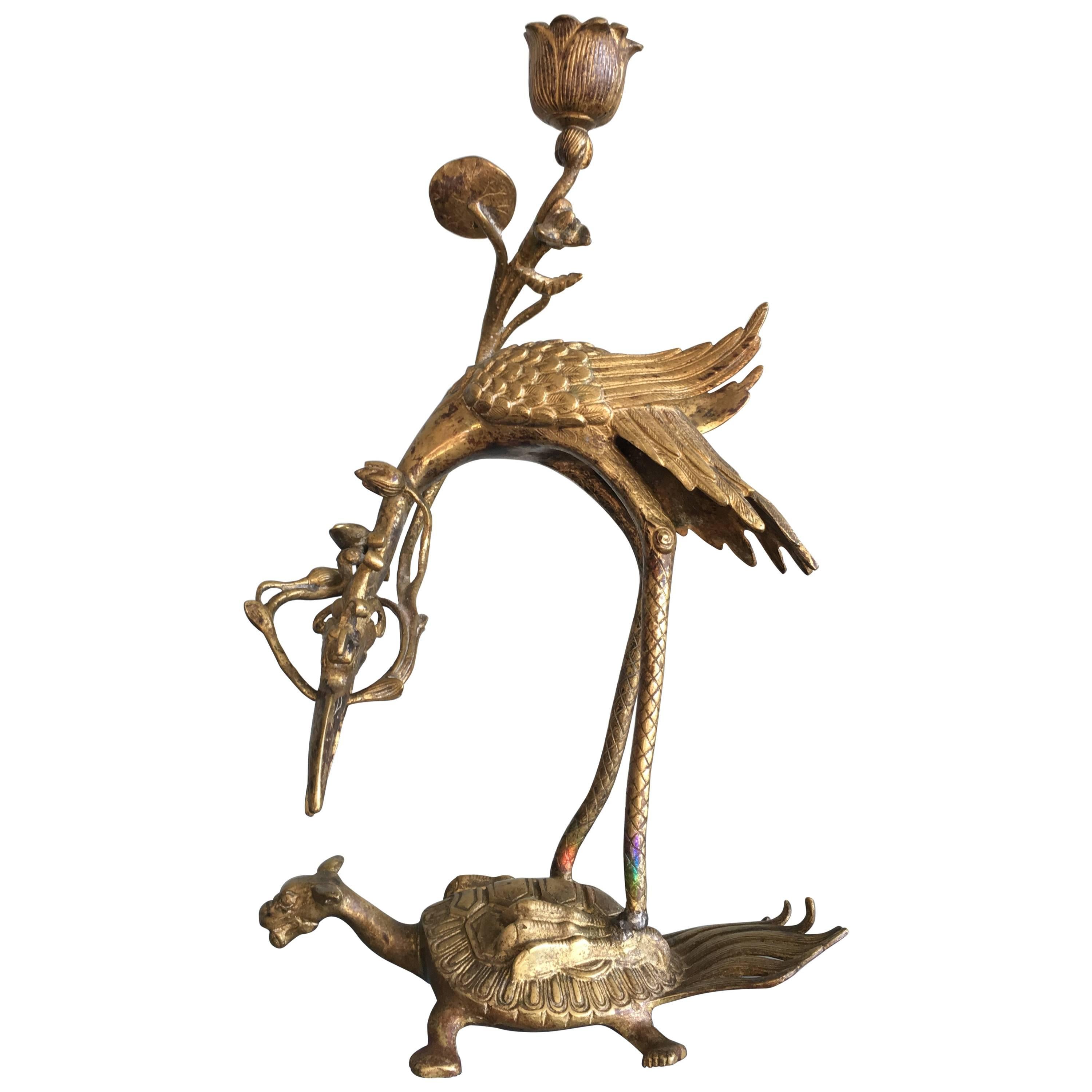 Japanese Gilt Bronze Candlestick Figure of a Crane on a Turtle, 19th Century