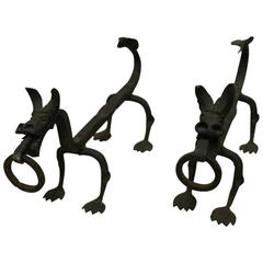 Samuel Yellin Style Wrought Iron Dragon Andirons or Chenets, Early 1900s