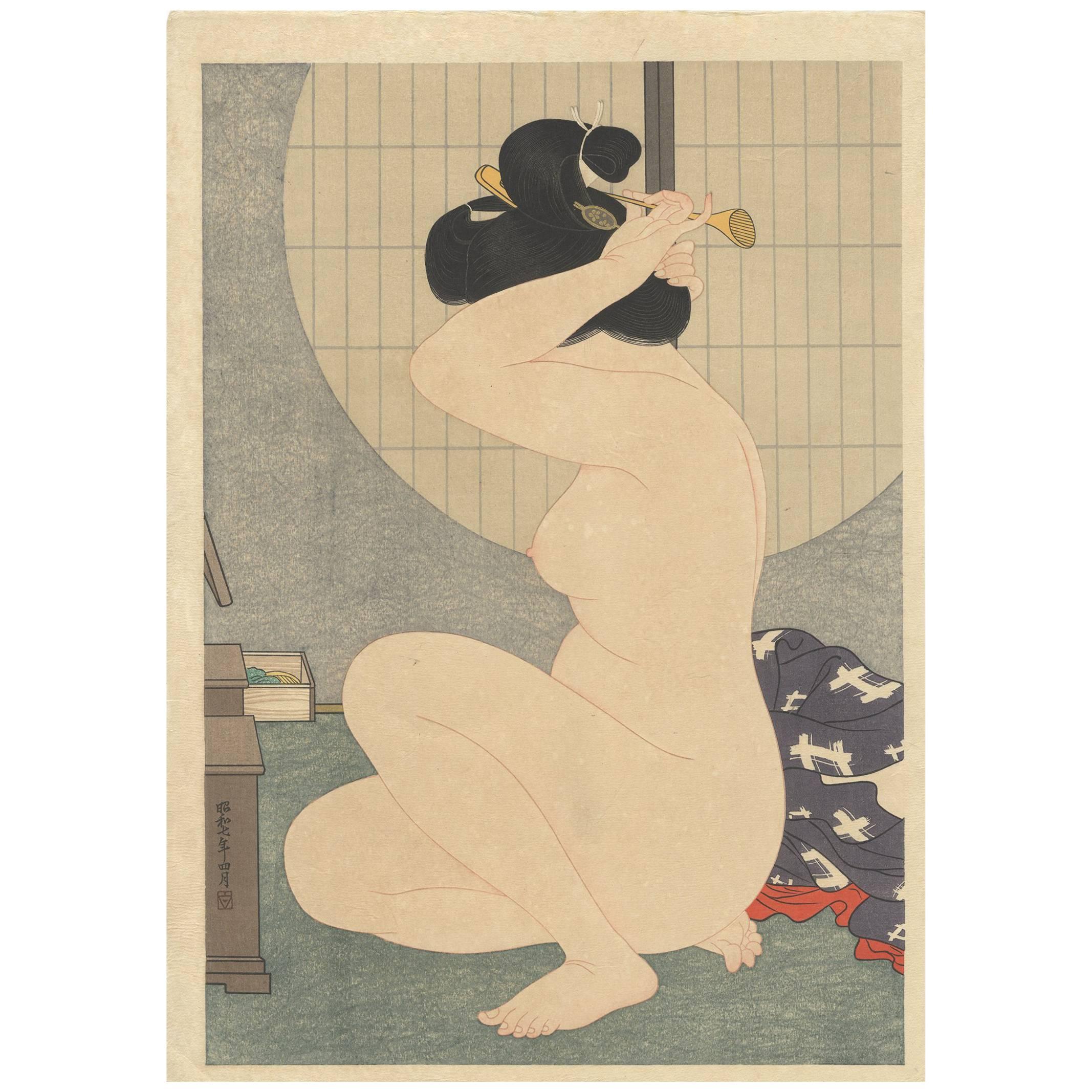 Hirano Hakuho Ukiyo-E Japanese Woodblock Print Beauty Showa Shin Hanga Nude
