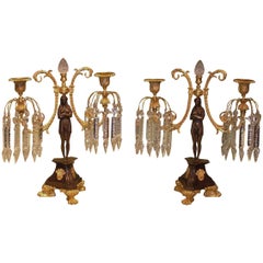 19th Century bronze and ormolu two light lustre candlesticks