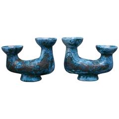 Pair of Ceramic Blue Candle Holders by Jacques Blin, Vallauris, circa 1950s