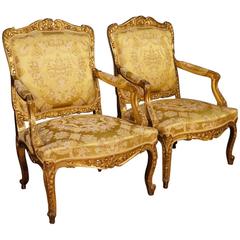 19th Century Pair of Antique Golden Armchairs in Louis XV Style