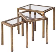 20th Century French Nest of Table 1970s Made of Brass and Smoked Glass