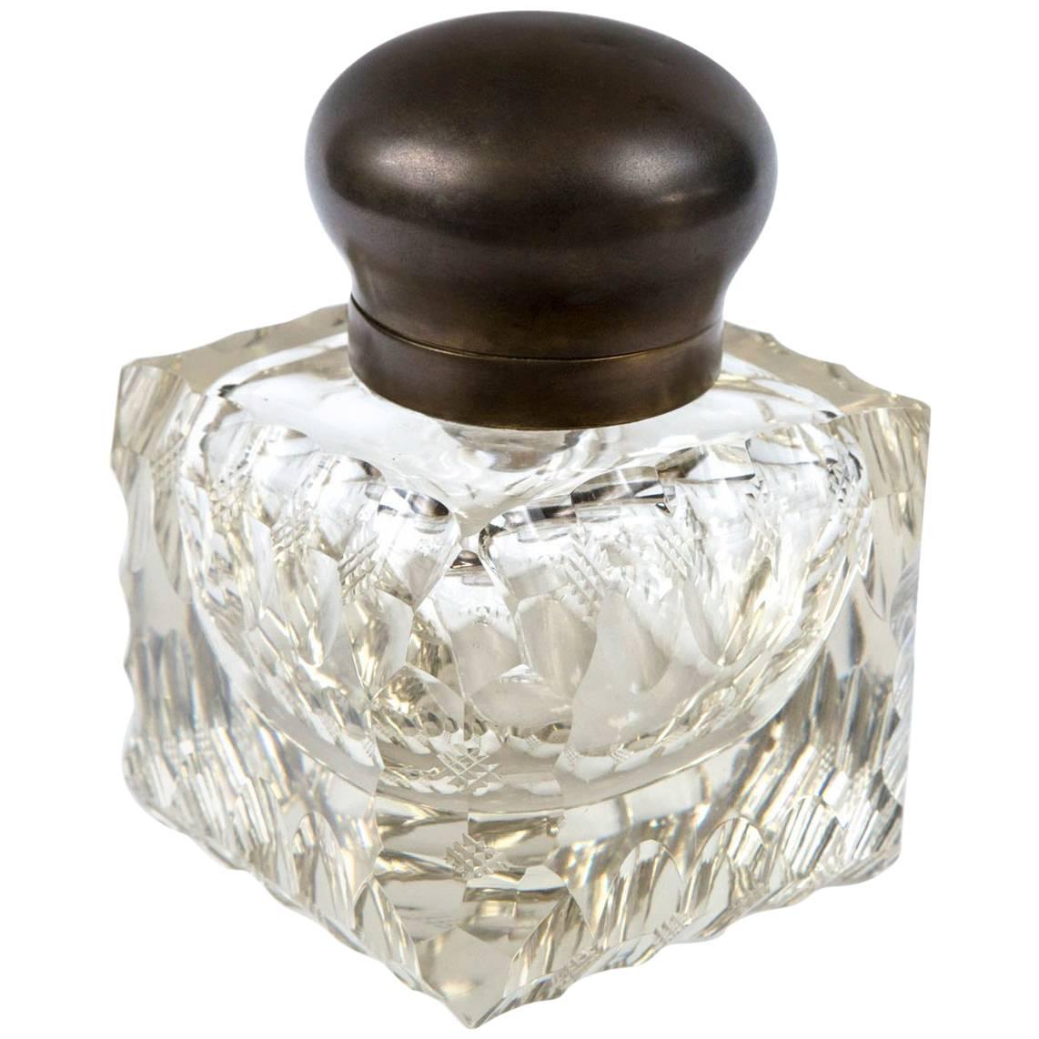 Antique 1890 Large American Cut Crystal Inkwell with Metal Collar/Glass Insert at 1stDibs