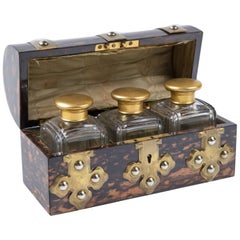English Mahogany/Brass Trimming Dome Top Box with Three Perfume/Shot Bottles