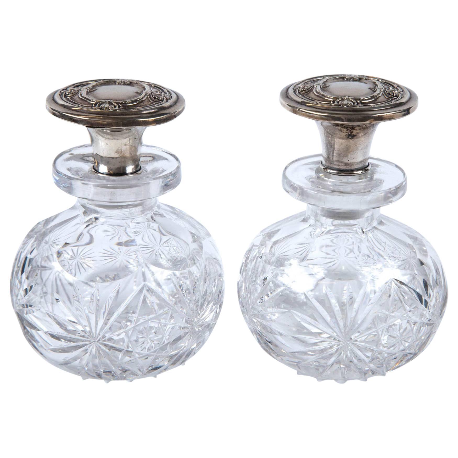 Pair of Antique American 1890 Sterling Silver Top Perfume Bottles Crystal Bottom