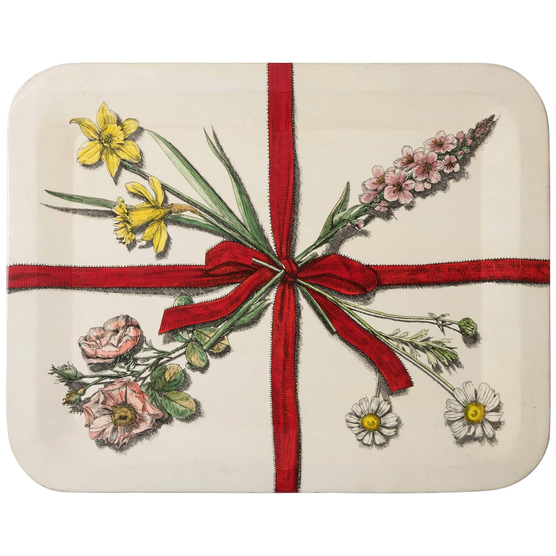 Piero Fornasetti metal tray with flowers and red ribbons, Italy circa 1950