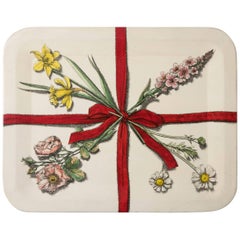 Retro Piero Fornasetti metal tray with flowers and red ribbons, Italy circa 1950