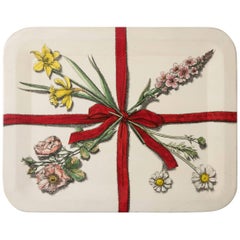 Retro Piero Fornasetti metal tray with flowers and red ribbons, Italy circa 1950