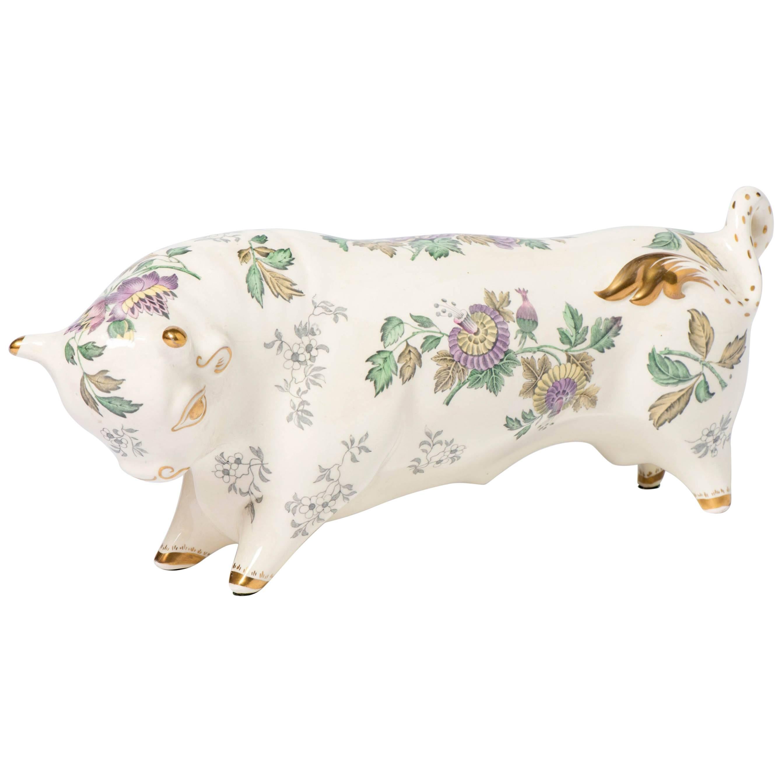 Arnold Nachin earthenware bull with flower decorations, England circa 1950