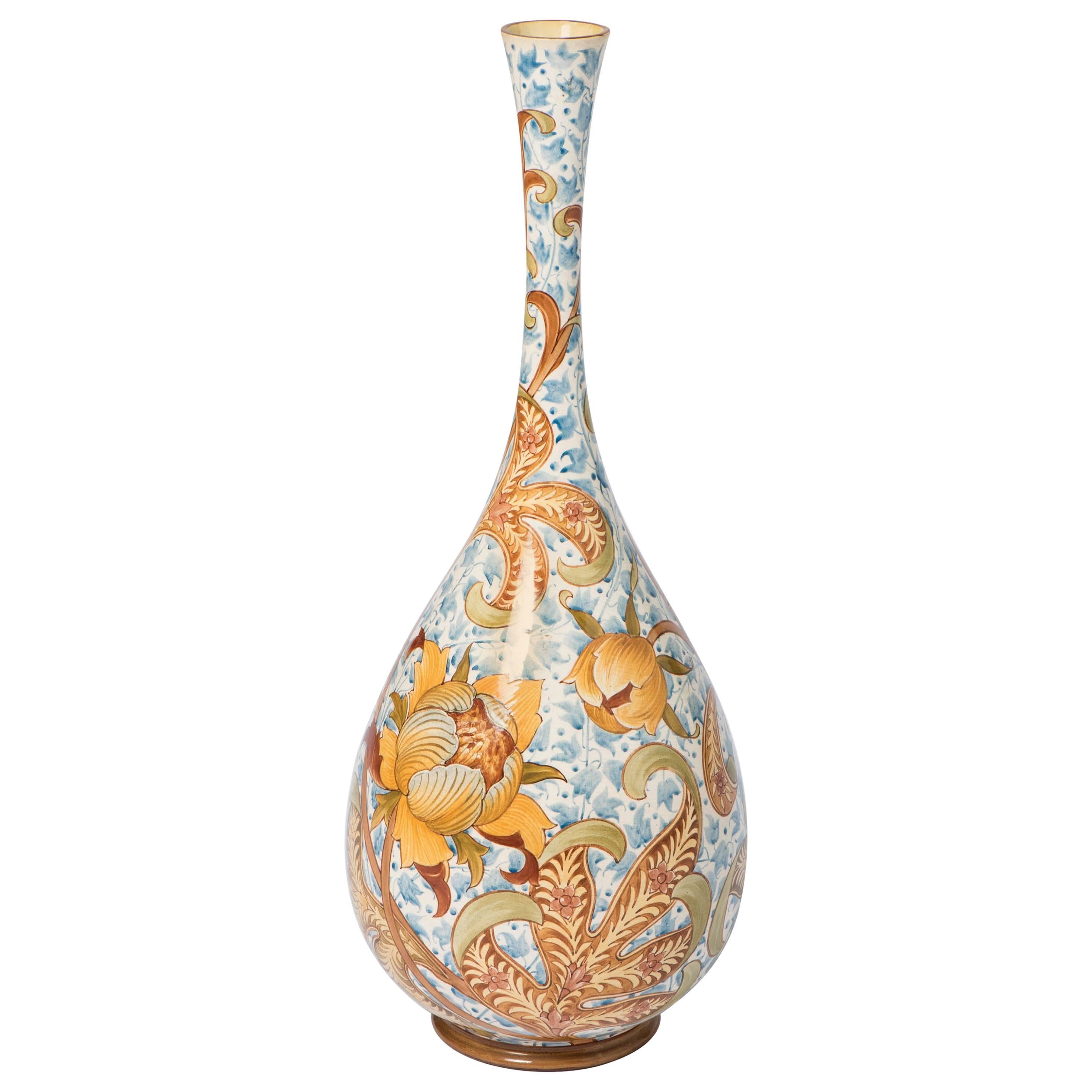 Doulton Lambeth large ceramic bottle shaped vase, England circa 1880 For Sale